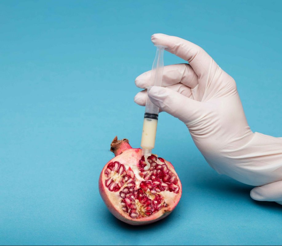 Person injecting sliced pomegranate fruit - illustration of polycystic ovary syndrome