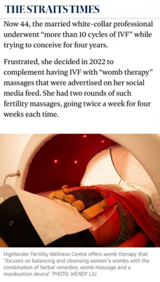 Strait Times shares the story of a 44-year old woman who underwent 2 rounds of fertility massages from Highlander Wellness Centre Singapore