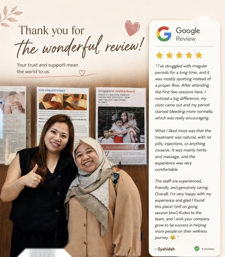 Google review from Syahidah about irregular periods, with Wendy